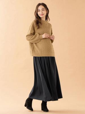 マタニティ ワンピース|【セット】もっちりケーブルボトルニット＆ロングスカートセット　マタニティ・授乳服|キャメル