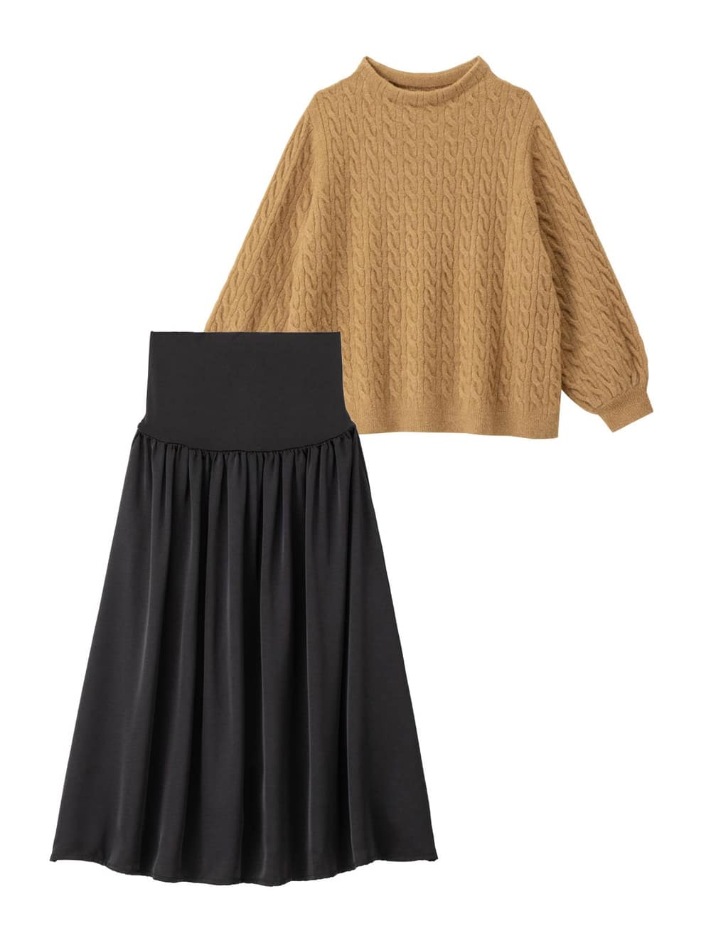 マタニティ ワンピース|【セット】もっちりケーブルボトルニット＆ロングスカートセット　マタニティ・授乳服|キャメル