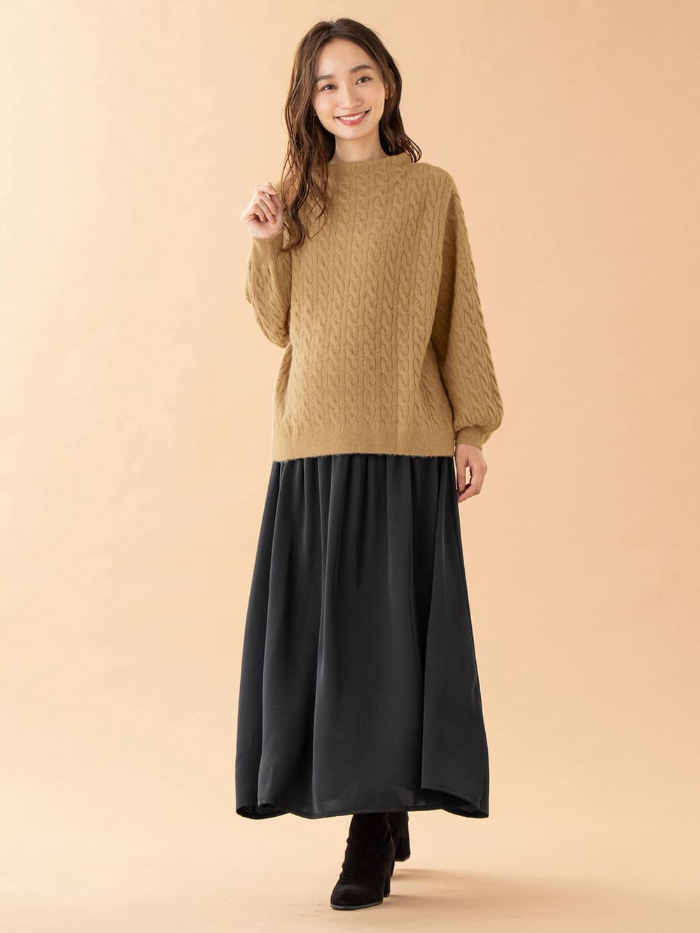 マタニティ ワンピース|【セット】もっちりケーブルボトルニット＆ロングスカートセット　マタニティ・授乳服|キャメル