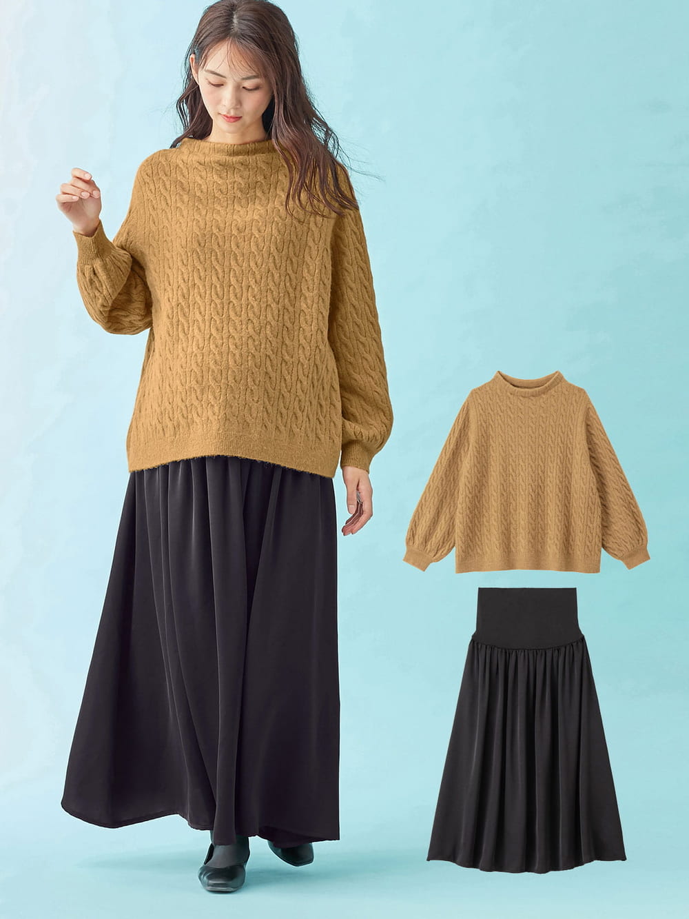 マタニティ ワンピース|【セット】もっちりケーブルボトルニット＆ロングスカートセット　マタニティ・授乳服|キャメル