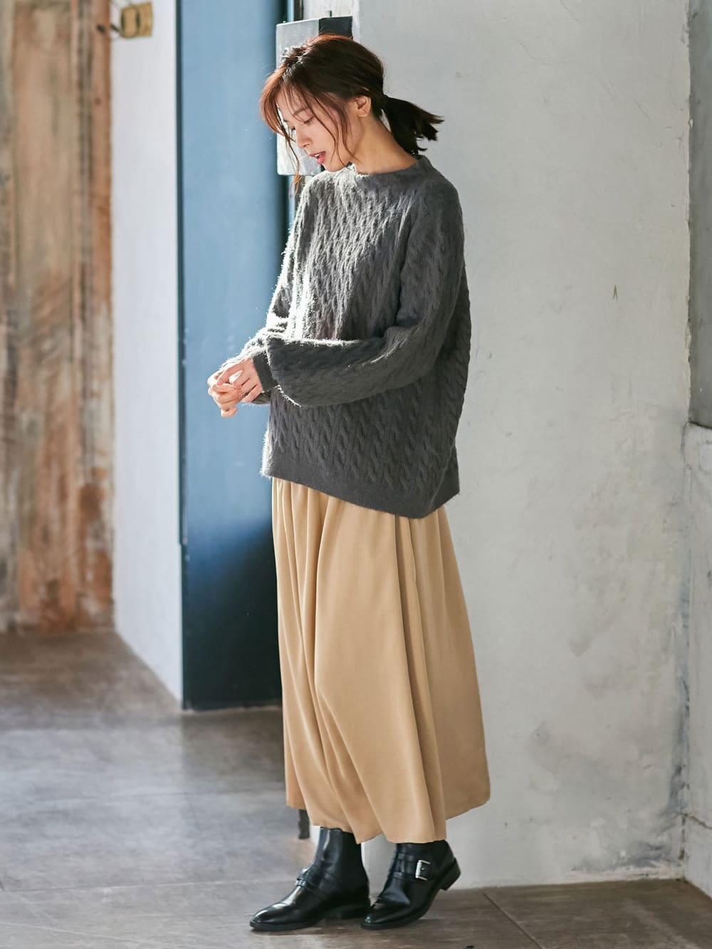 マタニティ ワンピース|【セット】もっちりケーブルボトルニット＆ロングスカートセット　マタニティ・授乳服|チャコール