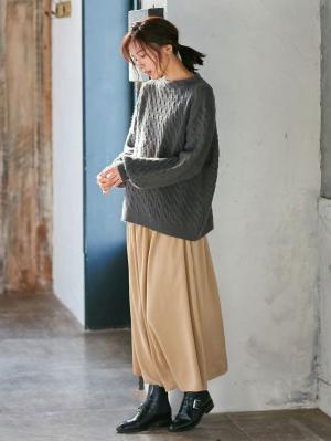 マタニティ ワンピース|【セット】もっちりケーブルボトルニット＆ロングスカートセット　マタニティ・授乳服|チャコール