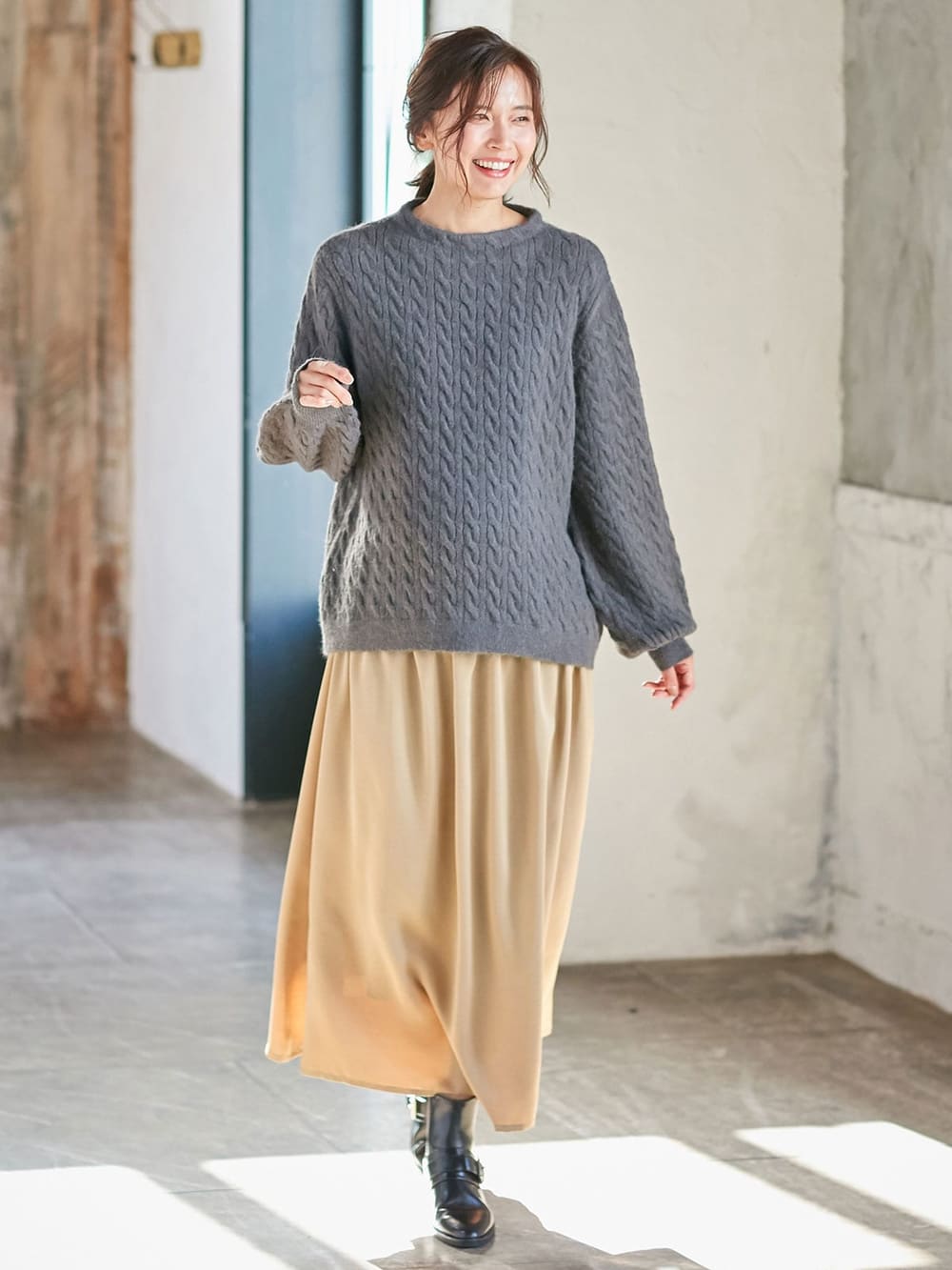 マタニティ ワンピース|【セット】もっちりケーブルボトルニット＆ロングスカートセット　マタニティ・授乳服|チャコール