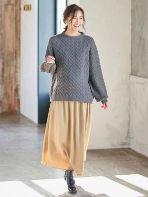 マタニティ ワンピース|【セット】もっちりケーブルボトルニット＆ロングスカートセット　マタニティ・授乳服|チャコール