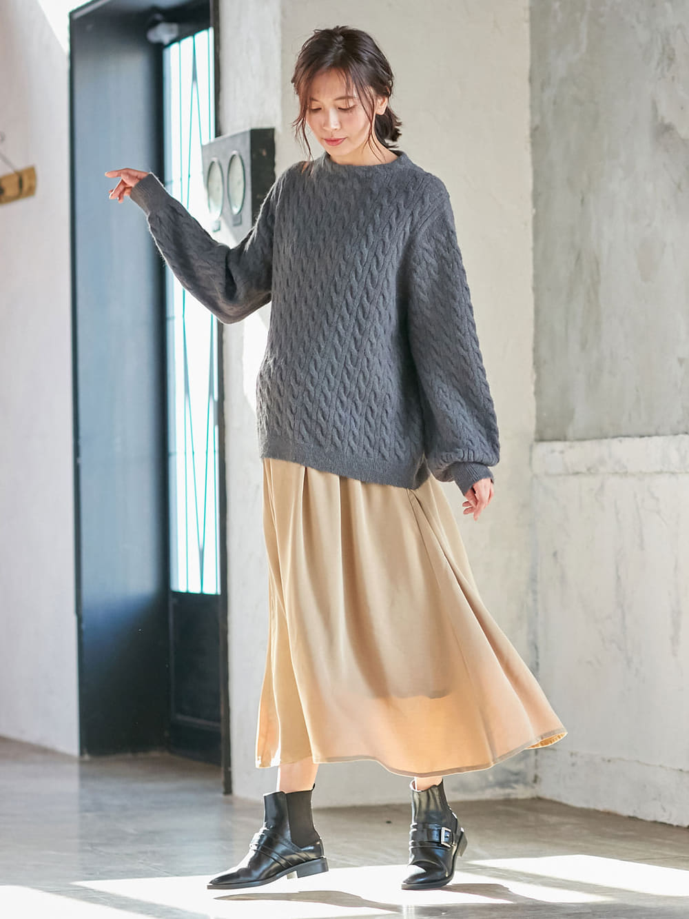 マタニティ ワンピース|【セット】もっちりケーブルボトルニット＆ロングスカートセット　マタニティ・授乳服|チャコール