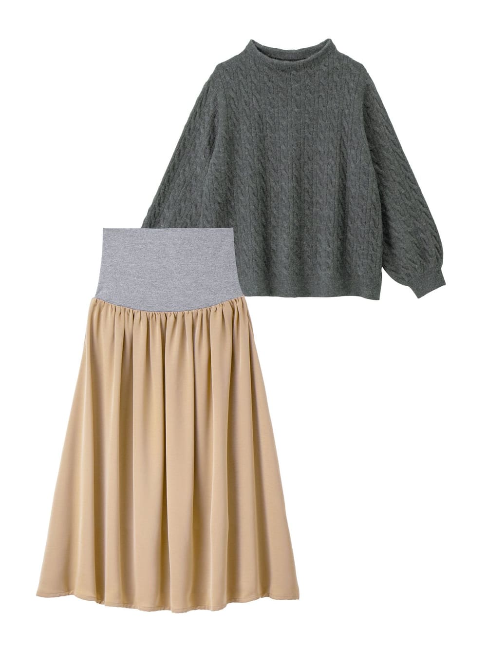 マタニティ ワンピース|【セット】もっちりケーブルボトルニット＆ロングスカートセット　マタニティ・授乳服|チャコール