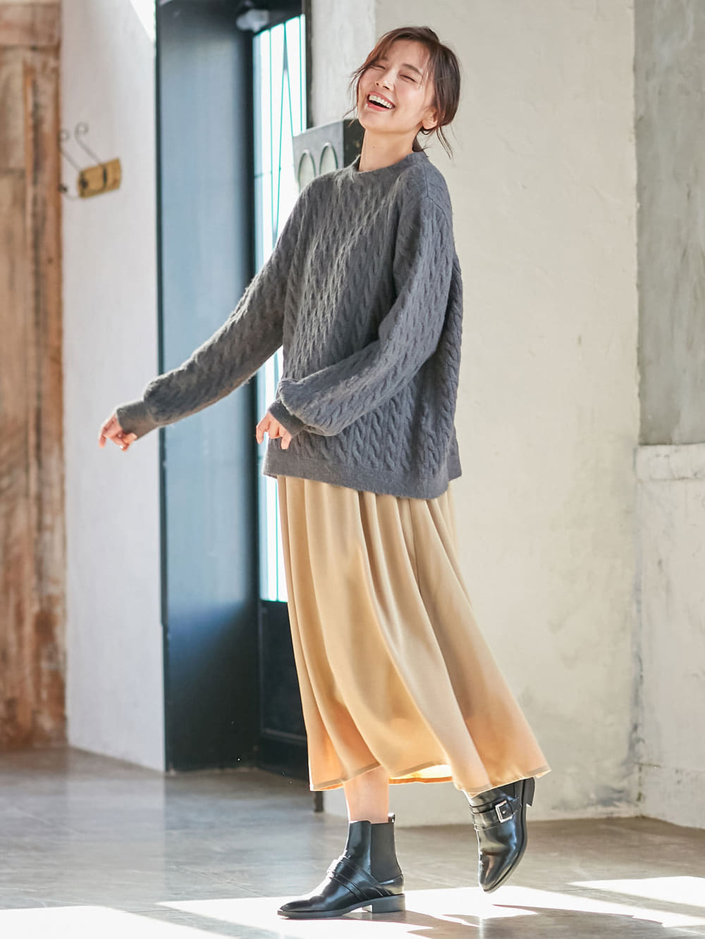 マタニティ ワンピース|【セット】もっちりケーブルボトルニット＆ロングスカートセット　マタニティ・授乳服|チャコール