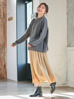 マタニティ ワンピース|【セット】もっちりケーブルボトルニット＆ロングスカートセット　マタニティ・授乳服|チャコール