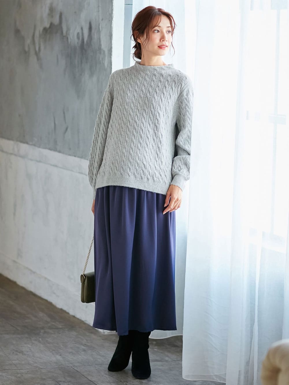 マタニティ ワンピース|【セット】もっちりケーブルボトルニット＆ロングスカートセット　マタニティ・授乳服|杢グレー