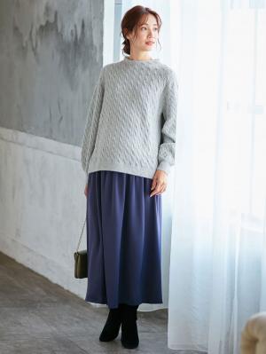 マタニティ ワンピース|【セット】もっちりケーブルボトルニット＆ロングスカートセット　マタニティ・授乳服|杢グレー