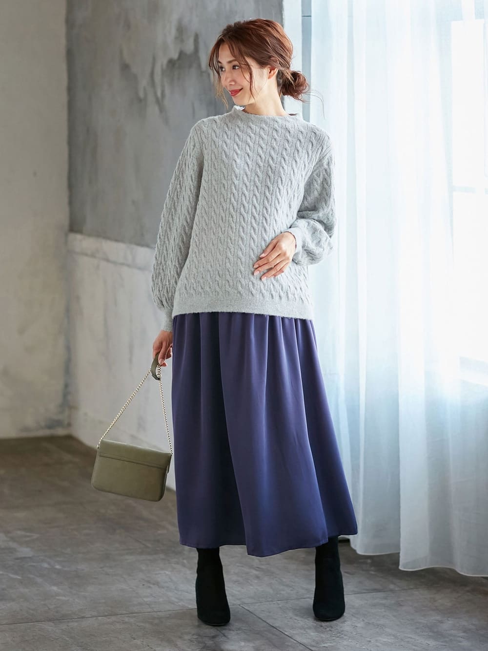 マタニティ ワンピース|【セット】もっちりケーブルボトルニット＆ロングスカートセット　マタニティ・授乳服|杢グレー