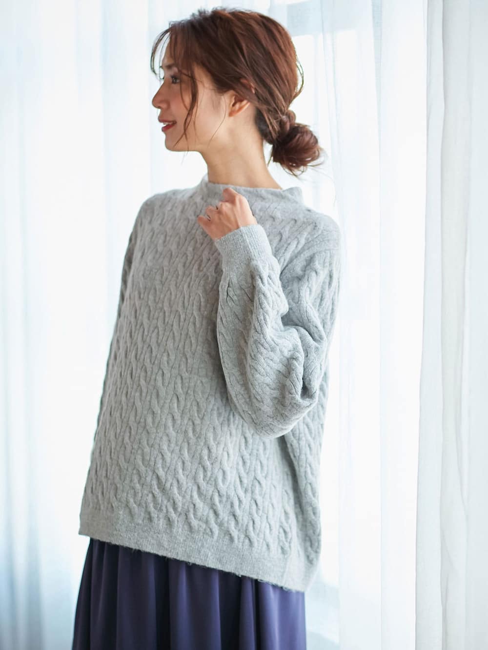 マタニティ ワンピース|【セット】もっちりケーブルボトルニット＆ロングスカートセット　マタニティ・授乳服|杢グレー