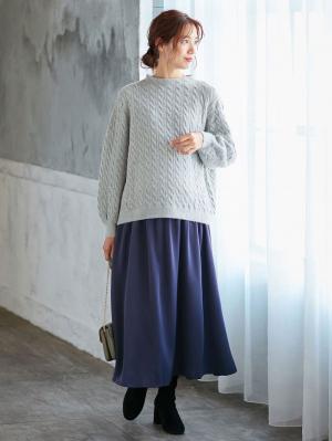 マタニティ ワンピース|【セット】もっちりケーブルボトルニット＆ロングスカートセット　マタニティ・授乳服|杢グレー