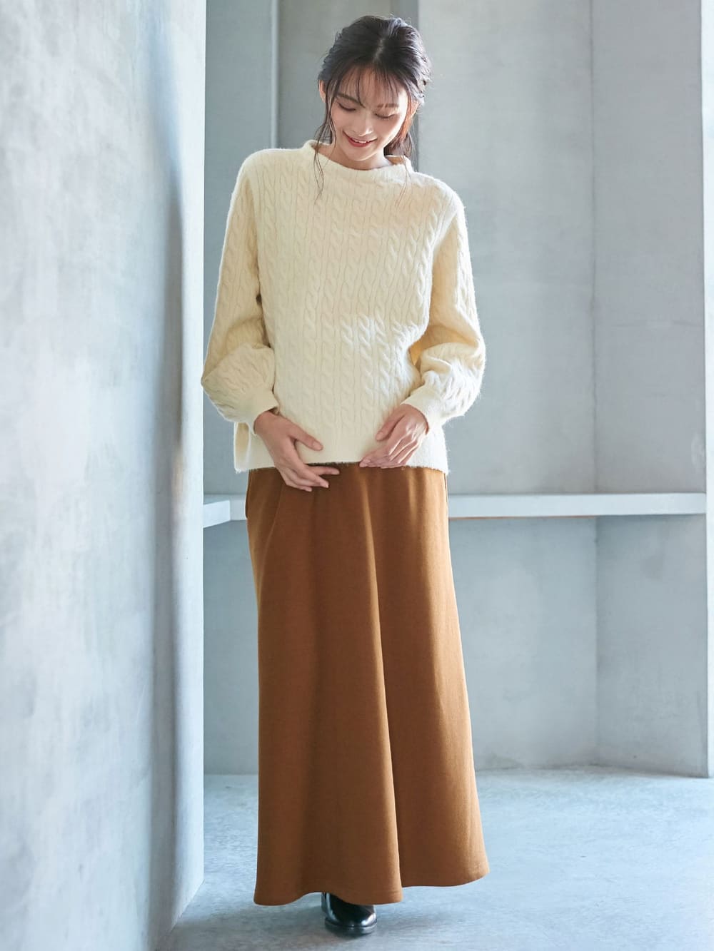 マタニティ ワンピース|【セット】もっちりケーブルボトルニット＆ロングスカートセット　マタニティ・授乳服|アイボリー