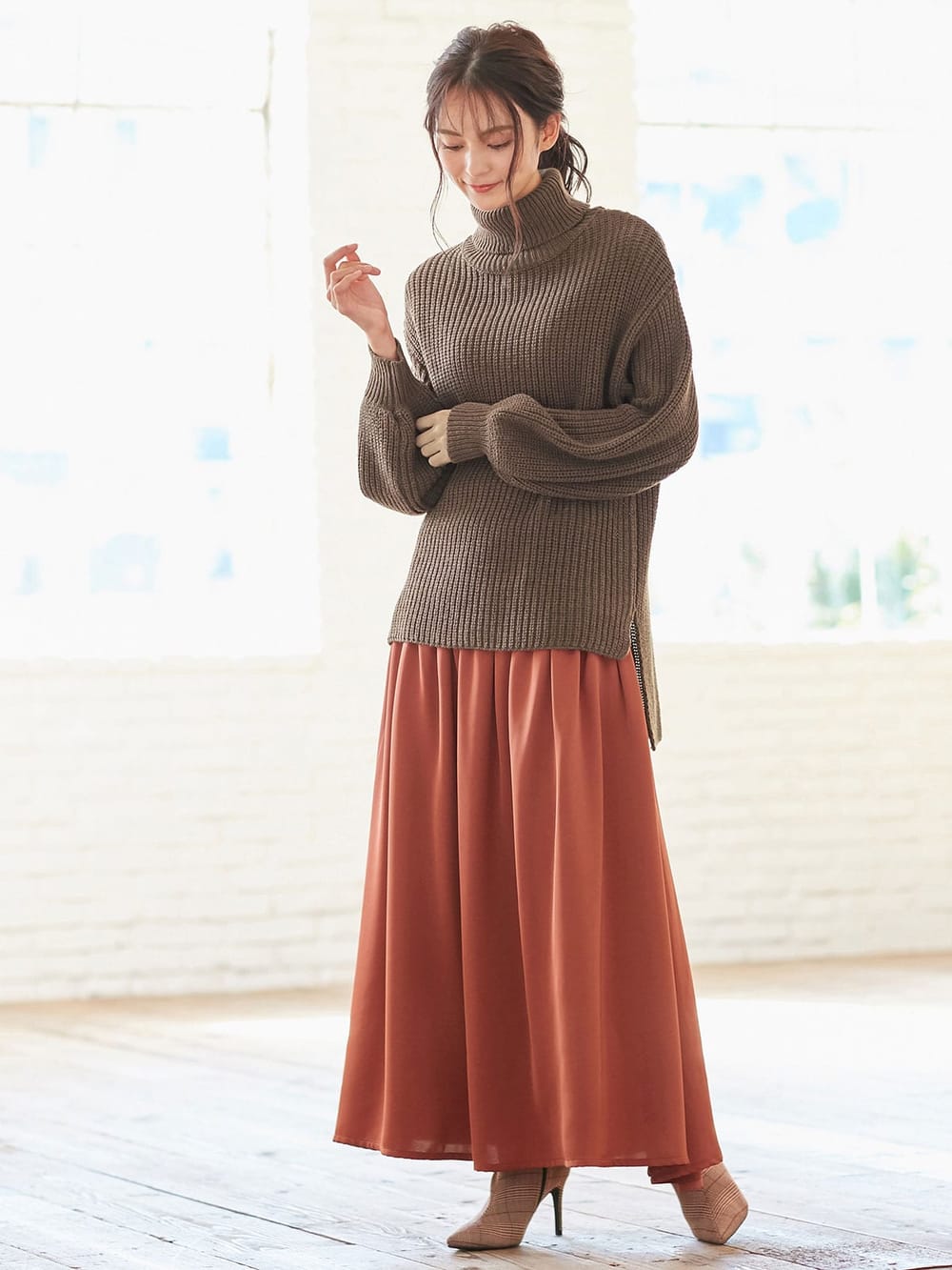 マタニティ ワンピース|【セット】もっちりケーブルボトルニット＆ロングスカートセット　マタニティ・授乳服|アイボリー