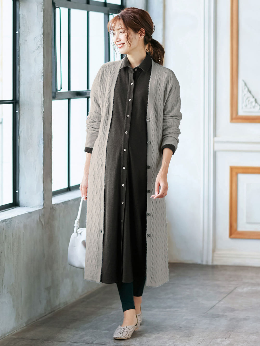 マタニティ トップス 授乳トップス 授乳しやすい 2way もっちりケーブルニットワンピカーディガン マタニティウェア 授乳服通販 エンジェリーベ 公式