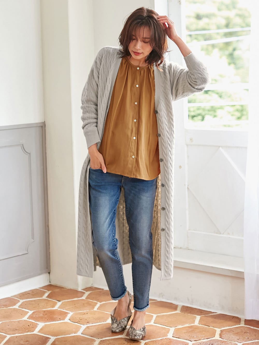 マタニティ トップス 授乳トップス 授乳しやすい 2way もっちりケーブルニットワンピカーディガン マタニティウェア 授乳服通販 エンジェリーベ 公式