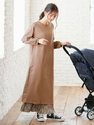 マタニティ ワンピース|【マタニティ・授乳服】裏起毛バックスリットスウェットワンピ|ペールブラウン