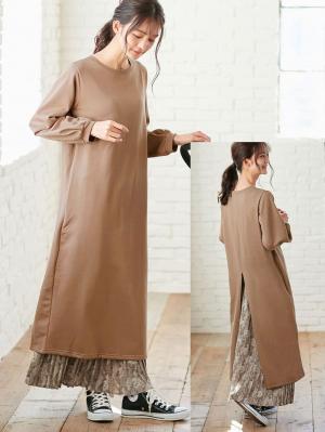 マタニティ ワンピース|【マタニティ・授乳服】裏起毛バックスリットスウェットワンピ|ペールブラウン