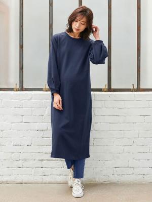 マタニティ ワンピース|【マタニティ・授乳服】裏起毛バックスリットスウェットワンピ|ネイビー