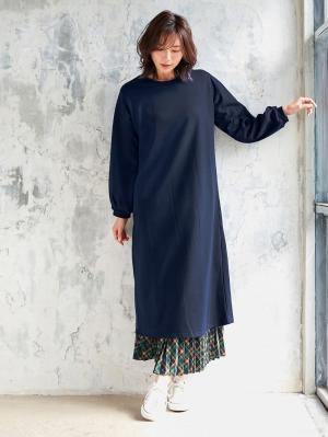 マタニティ ワンピース|【マタニティ・授乳服】裏起毛バックスリットスウェットワンピ|ネイビー