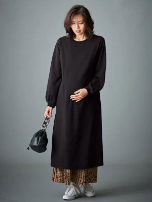 マタニティ ワンピース|【マタニティ・授乳服】裏起毛バックスリットスウェットワンピ|ブラック