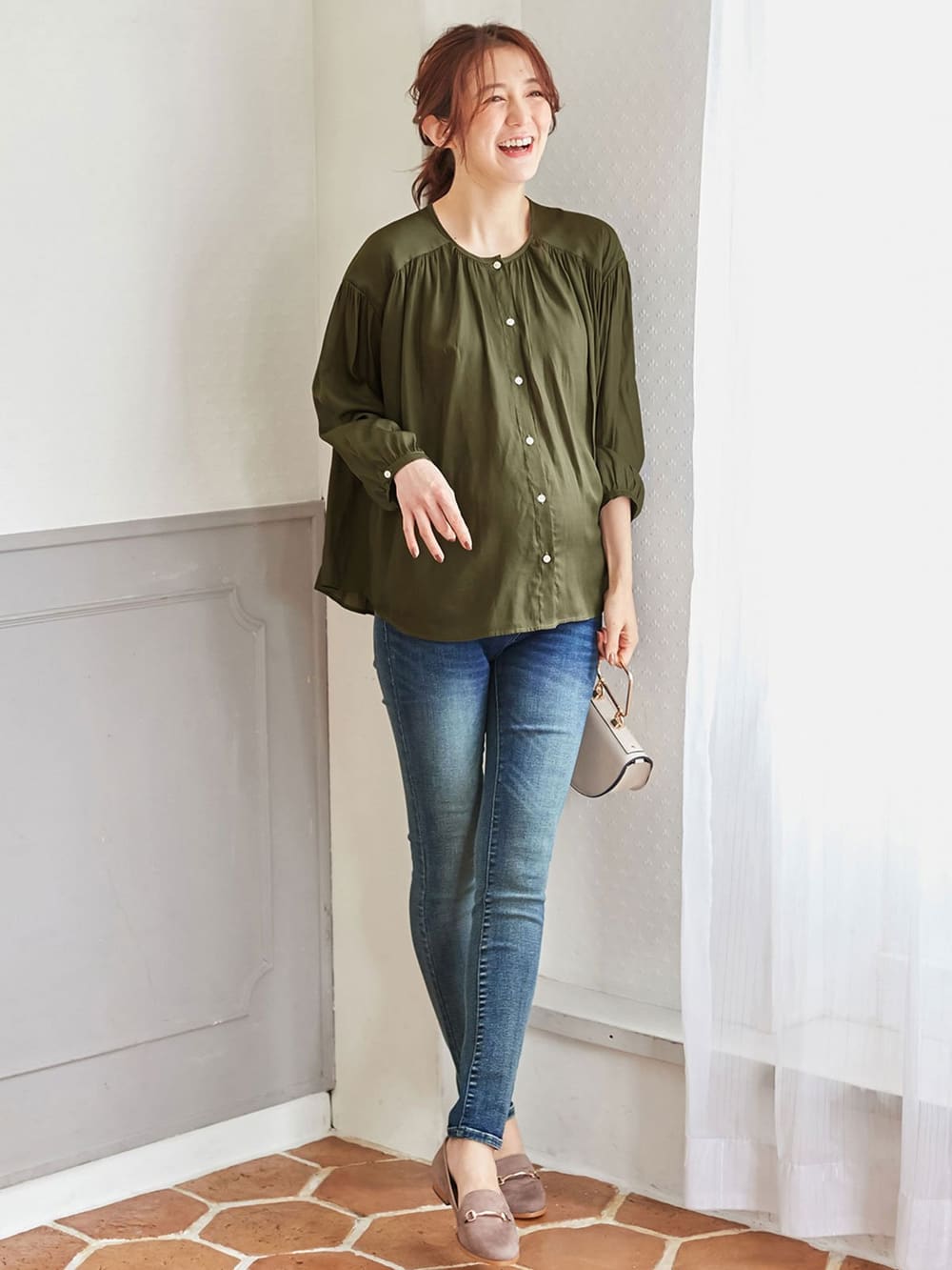 アウトレット|ヴィンテージサテンたっぷりギャザーブラウス マタニティ・授乳服【出産後も長く使える】