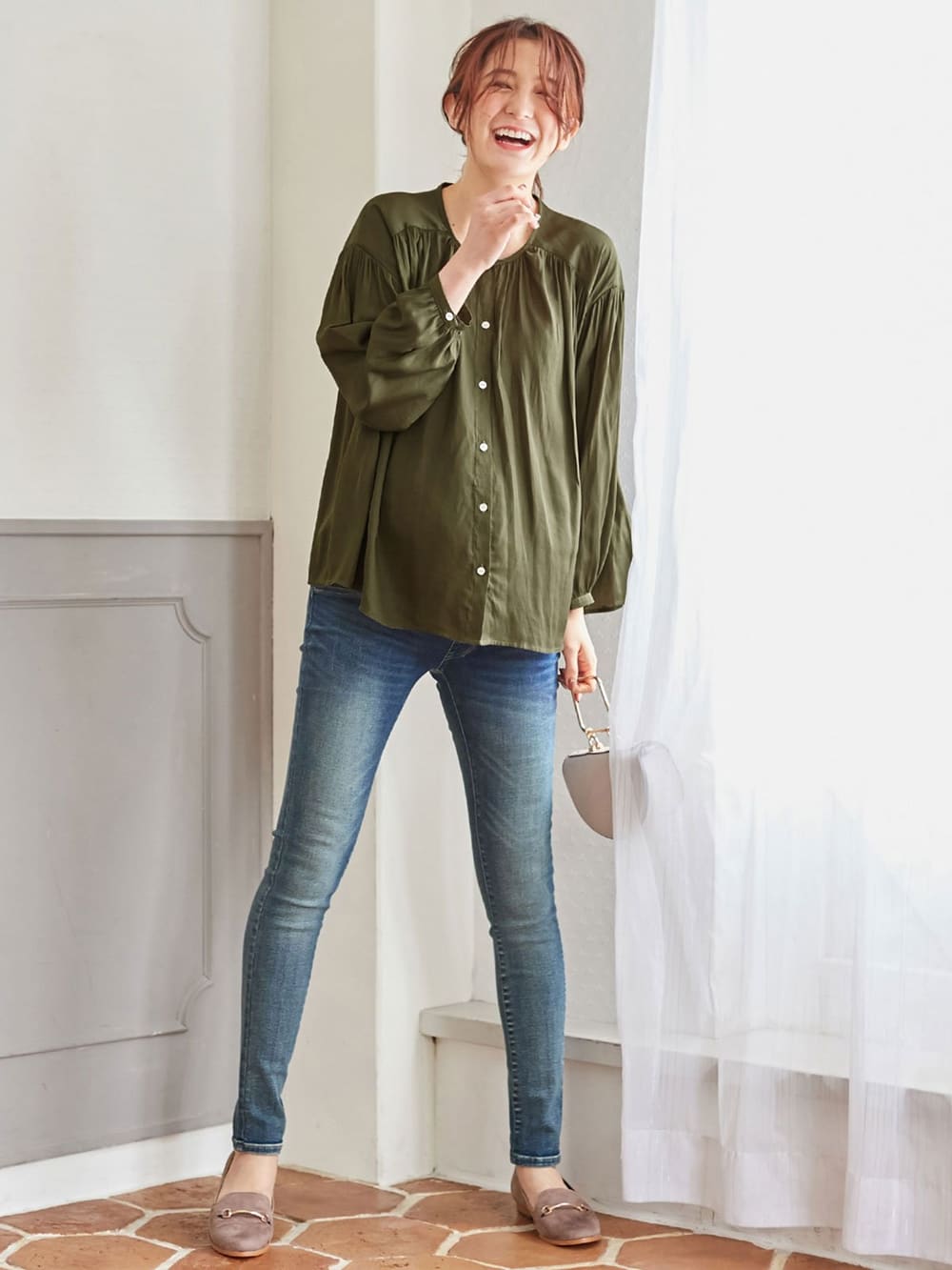 アウトレット|ヴィンテージサテンたっぷりギャザーブラウス マタニティ・授乳服【出産後も長く使える】