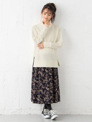 マタニティ ワンピース|ain（アイン）ニットソー裏起毛トップス デシン花柄プリントスカートドッキングワンピース　マタニティ・授乳服|オフ