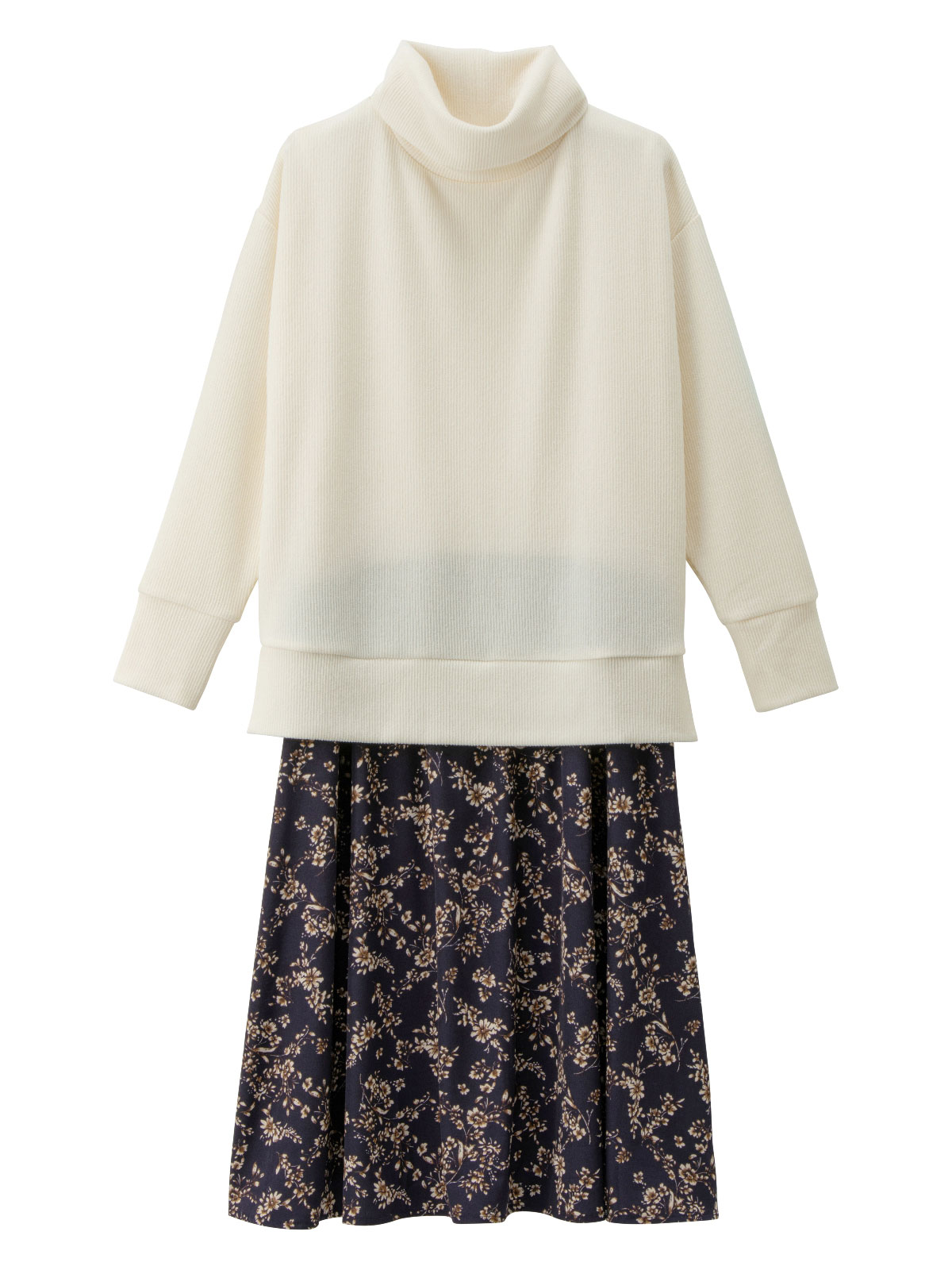 マタニティ ワンピース|ain（アイン）ニットソー裏起毛トップス デシン花柄プリントスカートドッキングワンピース　マタニティ・授乳服|オフ