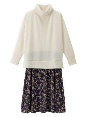 マタニティ ワンピース|ain（アイン）ニットソー裏起毛トップス デシン花柄プリントスカートドッキングワンピース　マタニティ・授乳服|オフ