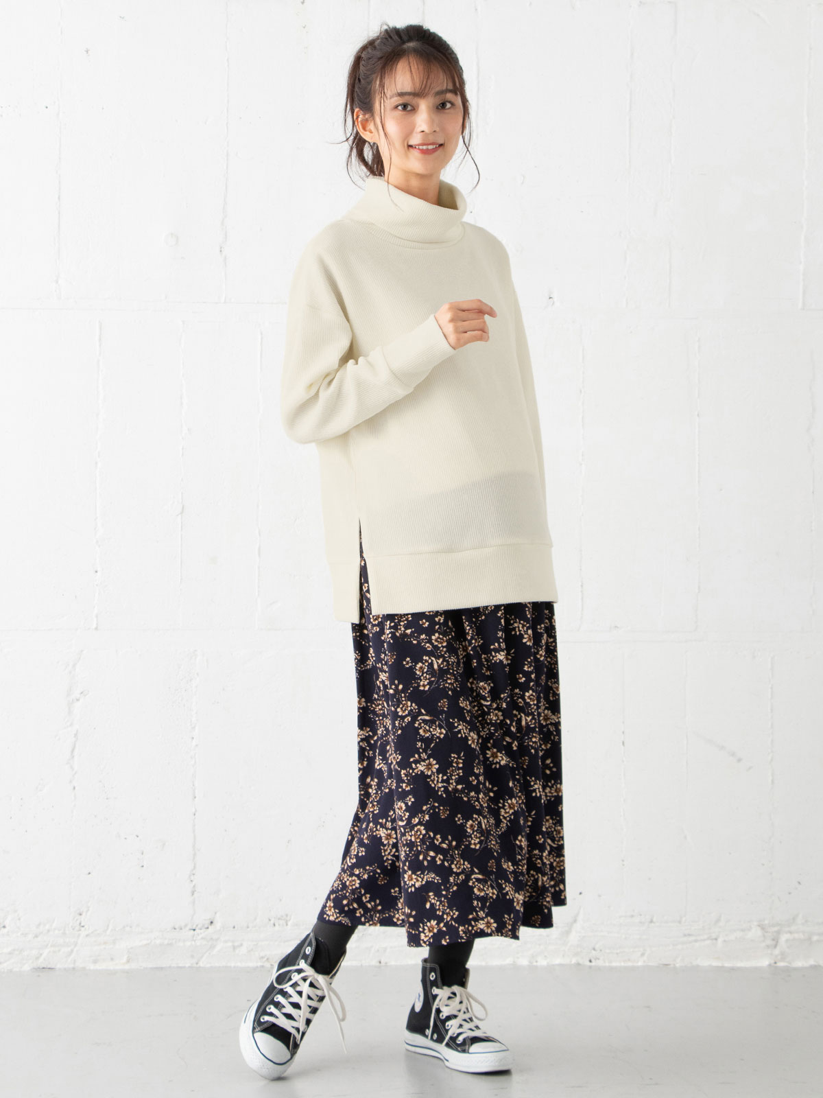 マタニティ ワンピース|ain（アイン）ニットソー裏起毛トップス デシン花柄プリントスカートドッキングワンピース　マタニティ・授乳服|オフ