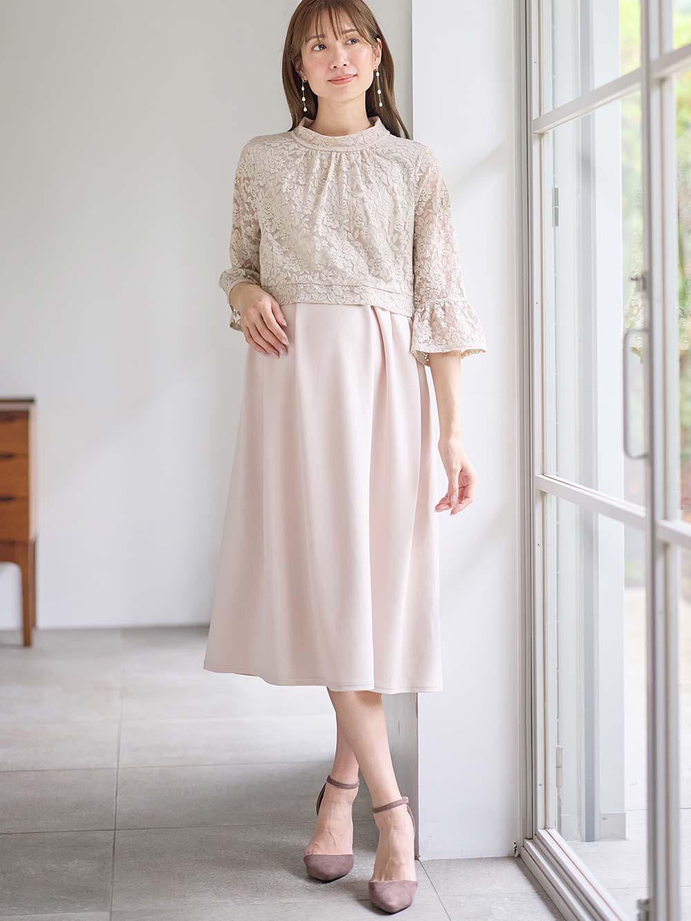 マタニティ ワンピース|LOVE MIC（ラブミック）レース×強撚スムースフレアーワンピース　マタニティ・授乳服【出産後も長く使える】|ベージュ