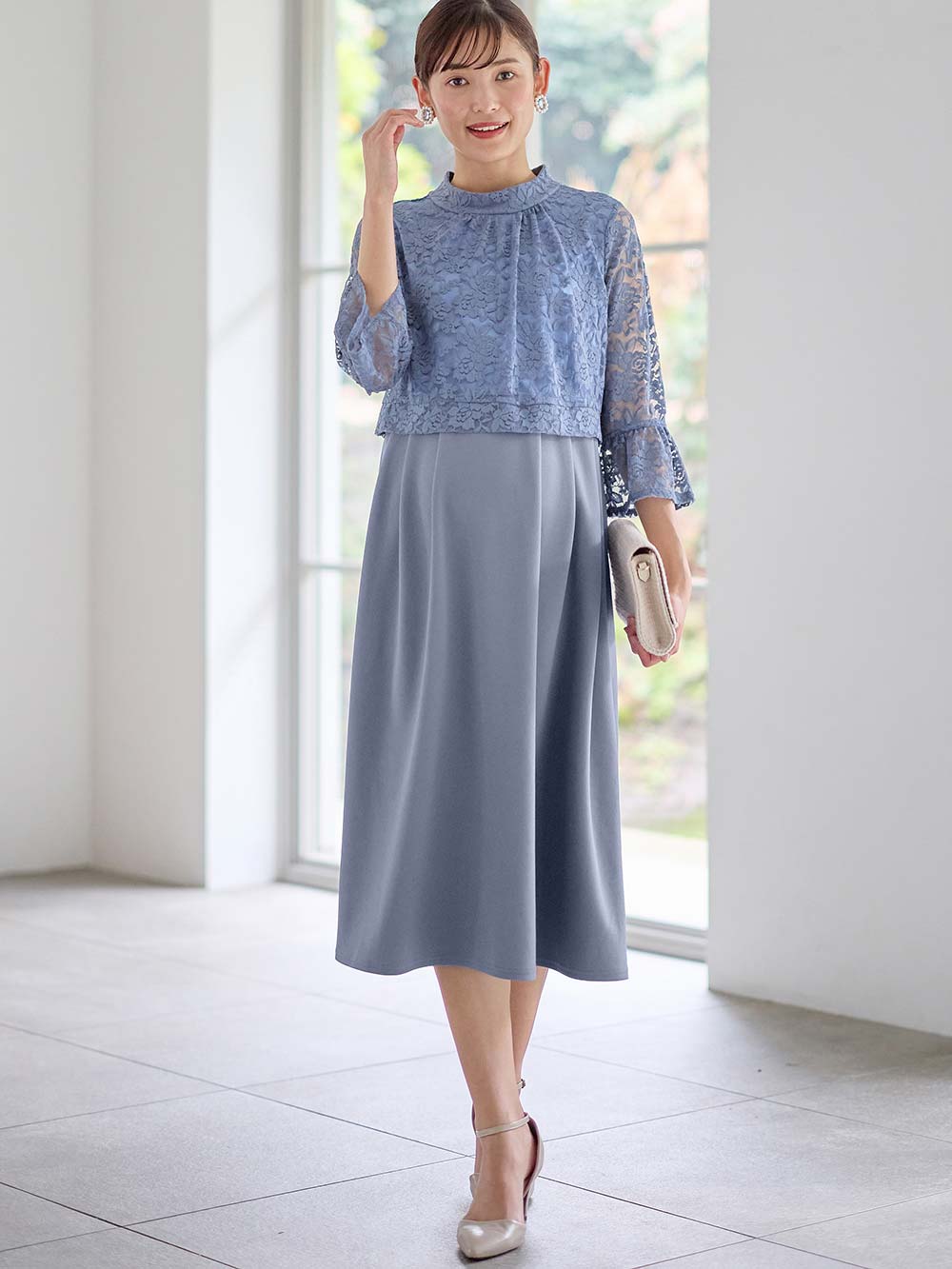 マタニティ ワンピース|LOVE MIC（ラブミック）レース×強撚スムースフレアーワンピース　マタニティ・授乳服【出産後も長く使える】|サックス