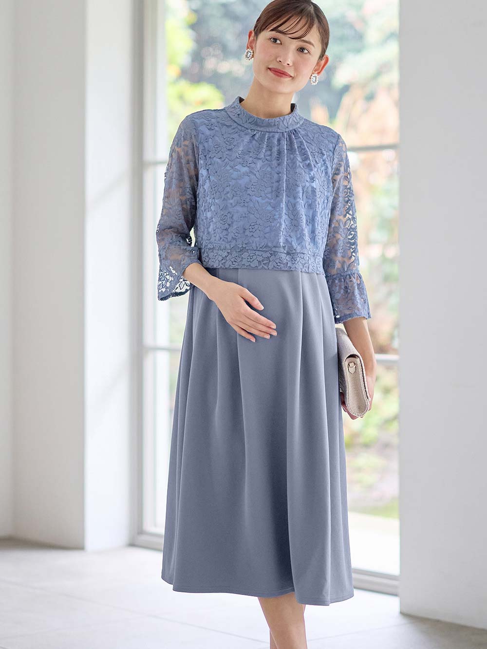 マタニティ ワンピース|LOVE MIC（ラブミック）レース×強撚スムースフレアーワンピース　マタニティ・授乳服【出産後も長く使える】|サックス