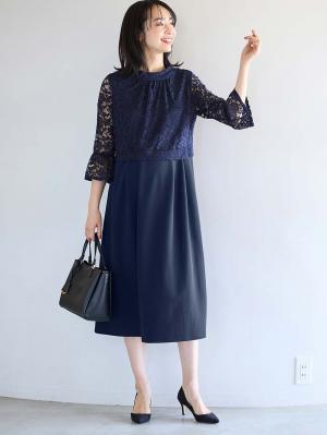 マタニティ ワンピース|LOVE MIC（ラブミック）レース×強撚スムースフレアーワンピース　マタニティ・授乳服【出産後も長く使える】|ネイビー