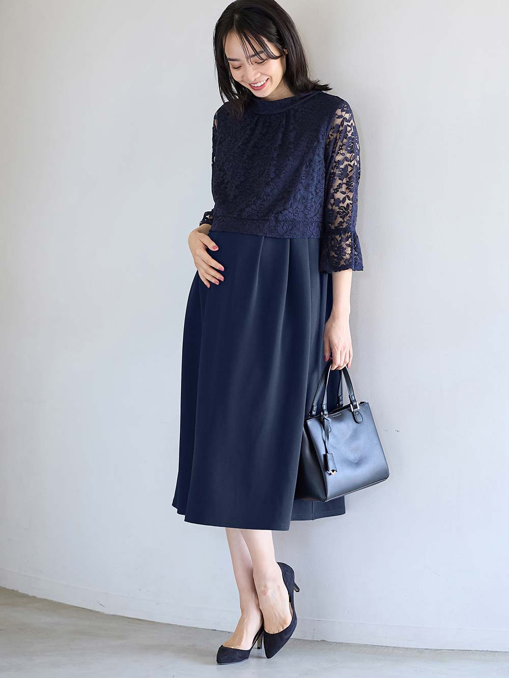 マタニティ ワンピース|LOVE MIC（ラブミック）レース×強撚スムースフレアーワンピース　マタニティ・授乳服【出産後も長く使える】|ネイビー