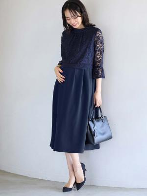 マタニティ ワンピース|LOVE MIC（ラブミック）レース×強撚スムースフレアーワンピース　マタニティ・授乳服【出産後も長く使える】|ネイビー