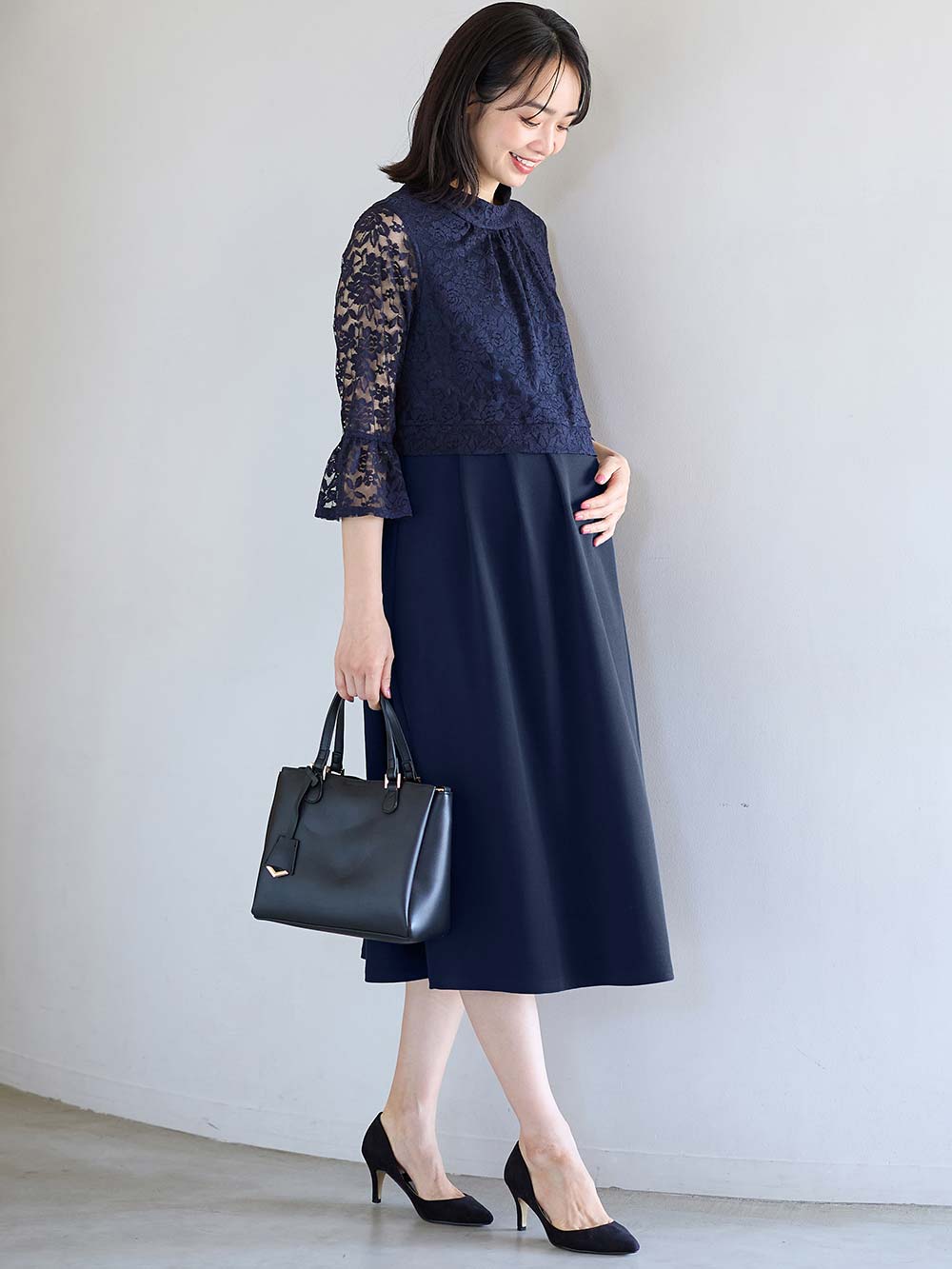 マタニティ ワンピース|LOVE MIC（ラブミック）レース×強撚スムースフレアーワンピース　マタニティ・授乳服【出産後も長く使える】|ネイビー