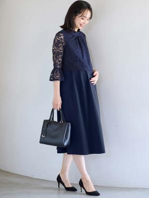 マタニティ ワンピース|LOVE MIC（ラブミック）レース×強撚スムースフレアーワンピース　マタニティ・授乳服【出産後も長く使える】|ネイビー