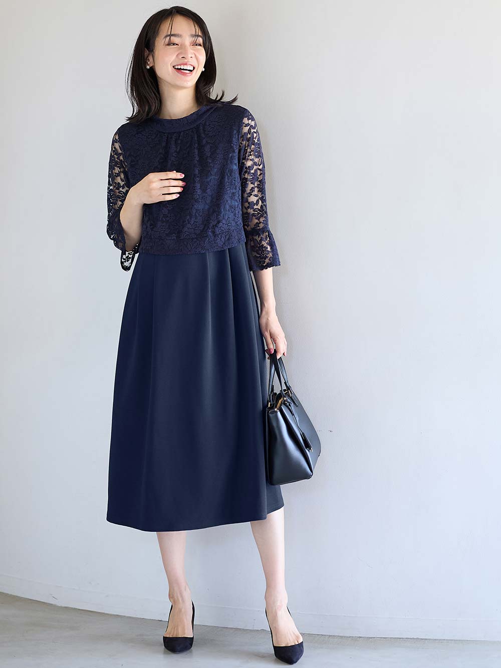 マタニティ ワンピース|LOVE MIC（ラブミック）レース×強撚スムースフレアーワンピース　マタニティ・授乳服【出産後も長く使える】|ネイビー