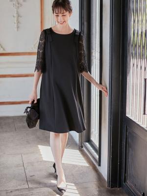 マタニティ ワンピース|LOVE MIC（ラブミック）レーススリーブストレッチジョーゼットワンピース　マタニティ・授乳服【出産後も長く使える】|ブラック