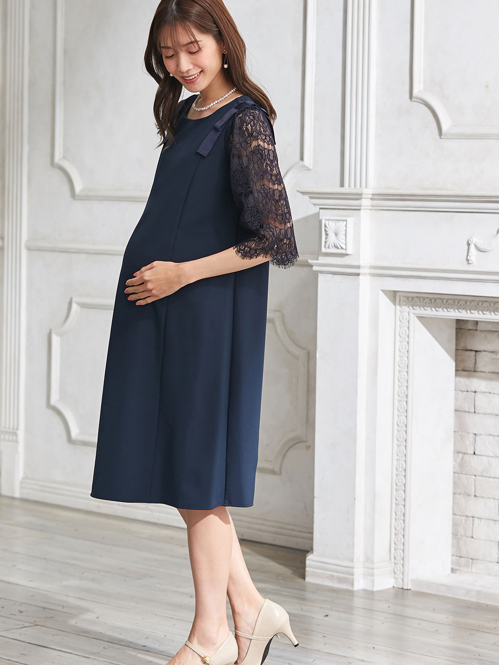 マタニティ ワンピース Love Mic レーススリーブストレッチジョーゼットワンピース マタニティ 授乳服 マタニティウェア 授乳服通販 エンジェリーベ 公式