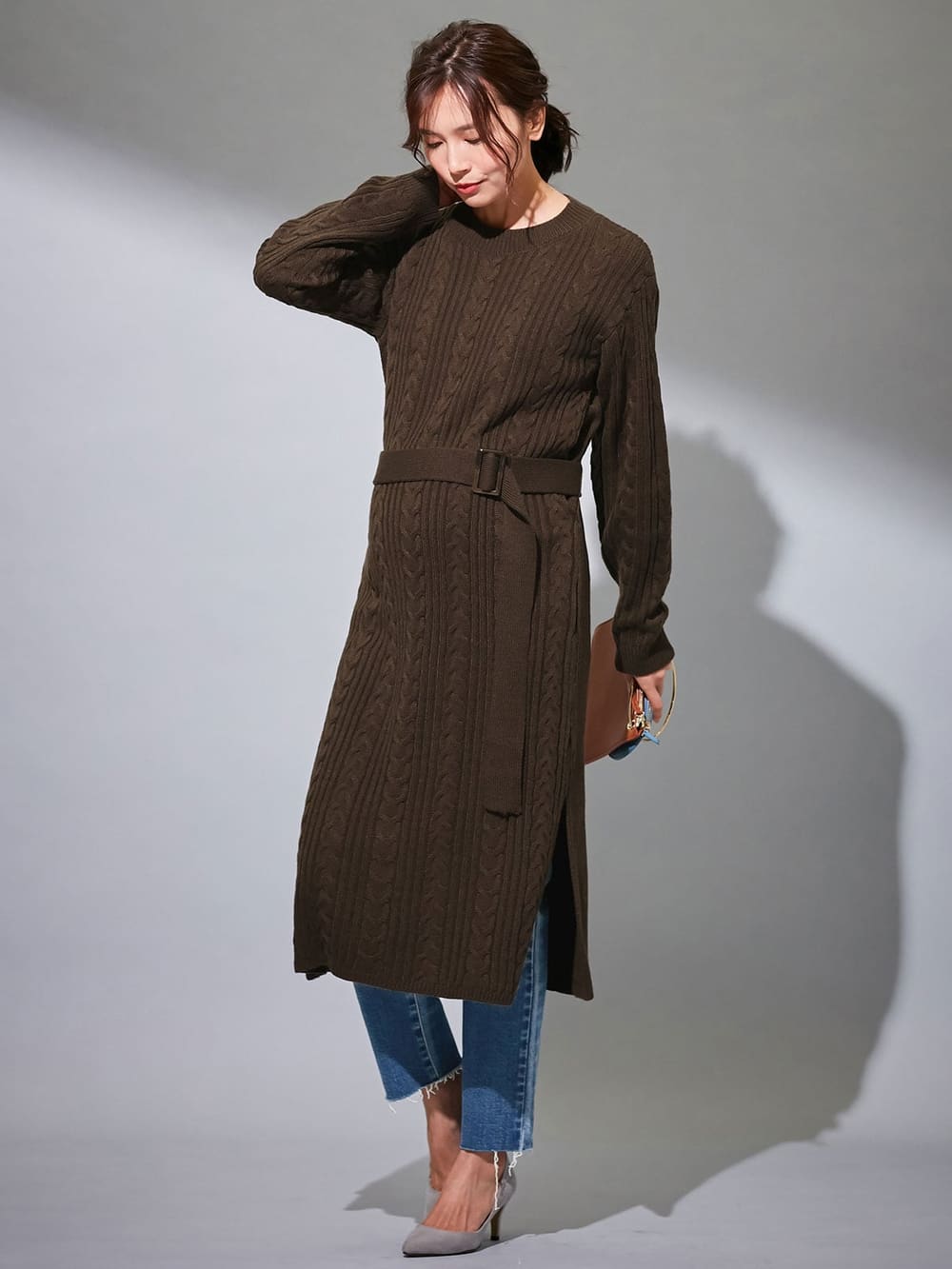 マタニティ ワンピース|Vicente for mom（ヴィセンテフォーマム）ケーブルニットワンピース　マタニティ・授乳服|ブラウン