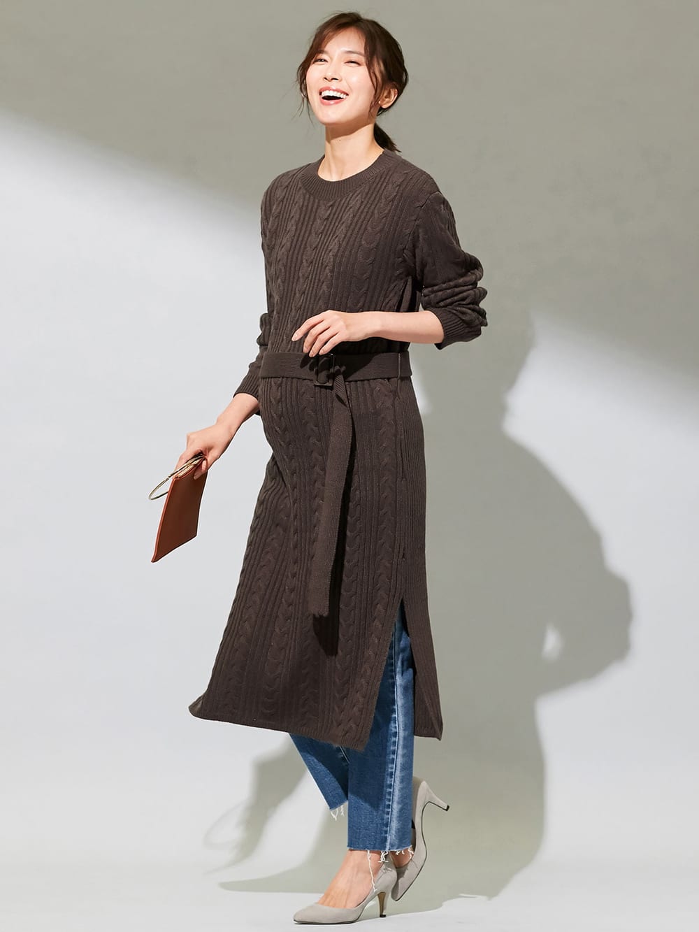 マタニティ ワンピース|Vicente for mom（ヴィセンテフォーマム）ケーブルニットワンピース　マタニティ・授乳服|ブラウン