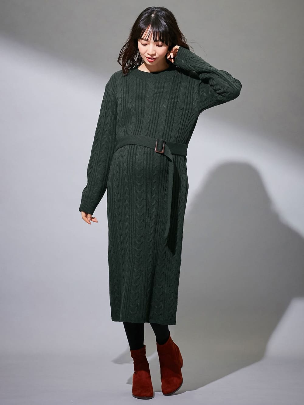 マタニティ ワンピース|Vicente for mom（ヴィセンテフォーマム）ケーブルニットワンピース　マタニティ・授乳服|グリーン