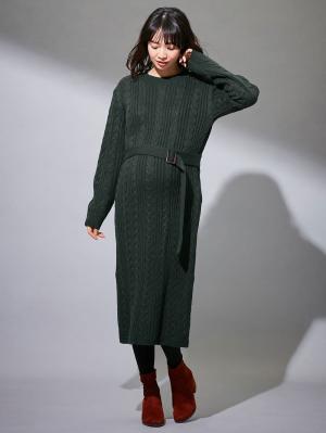 マタニティ ワンピース|Vicente for mom（ヴィセンテフォーマム）ケーブルニットワンピース　マタニティ・授乳服|グリーン