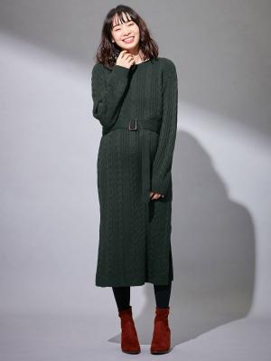 マタニティ ワンピース|Vicente for mom（ヴィセンテフォーマム）ケーブルニットワンピース　マタニティ・授乳服|グリーン