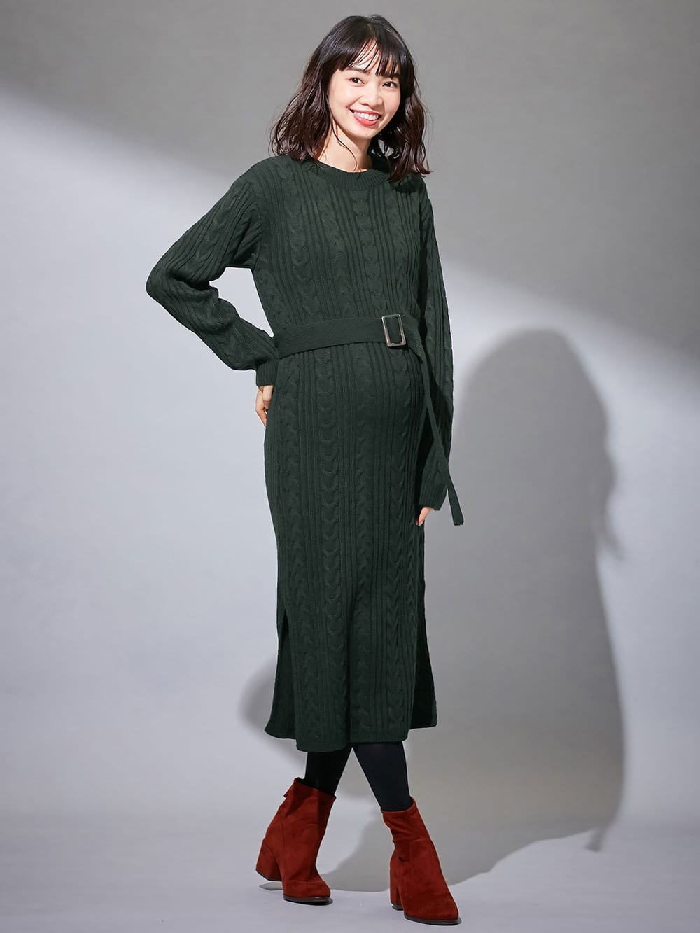 マタニティ ワンピース|Vicente for mom（ヴィセンテフォーマム）ケーブルニットワンピース　マタニティ・授乳服|グリーン