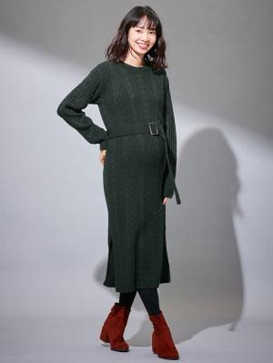 マタニティ ワンピース|Vicente for mom（ヴィセンテフォーマム）ケーブルニットワンピース　マタニティ・授乳服|グリーン
